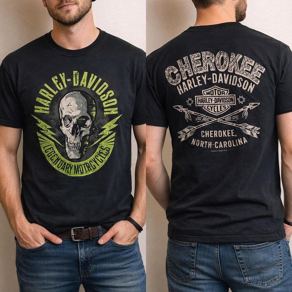 Harley Davidson Black T Shirt L Skull Grunge Moto Cherokee Biker Motorcycle Tee